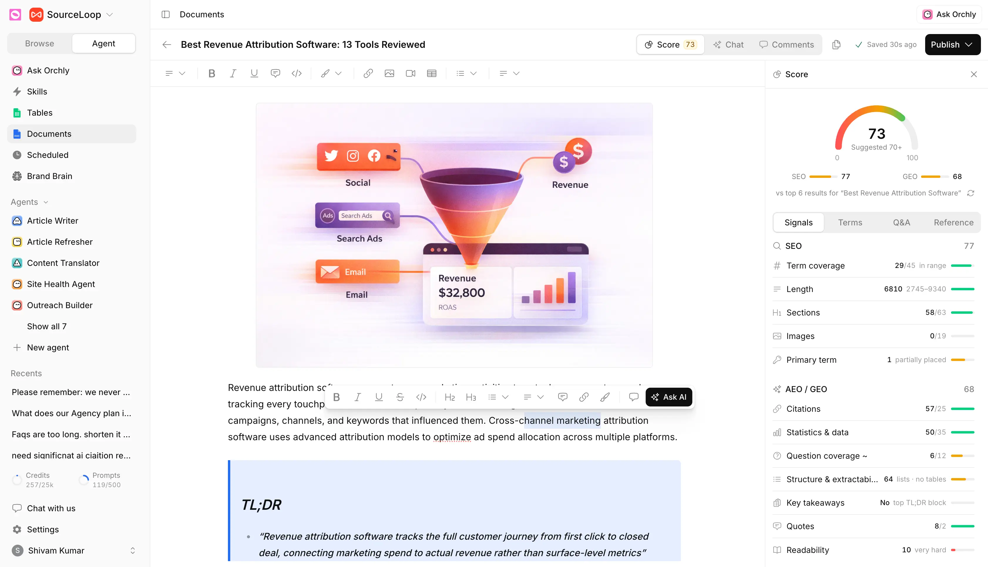 Orchly content editor with a content score of 73, SEO and GEO optimization scores and on-page metrics