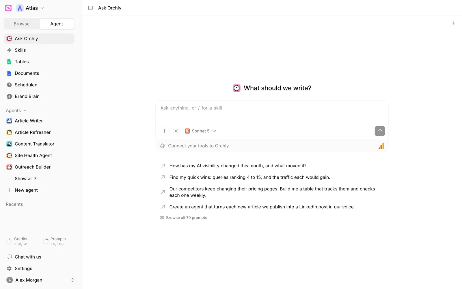 Ask Orchly full page with the Agent sidebar, the message box and four starter prompts