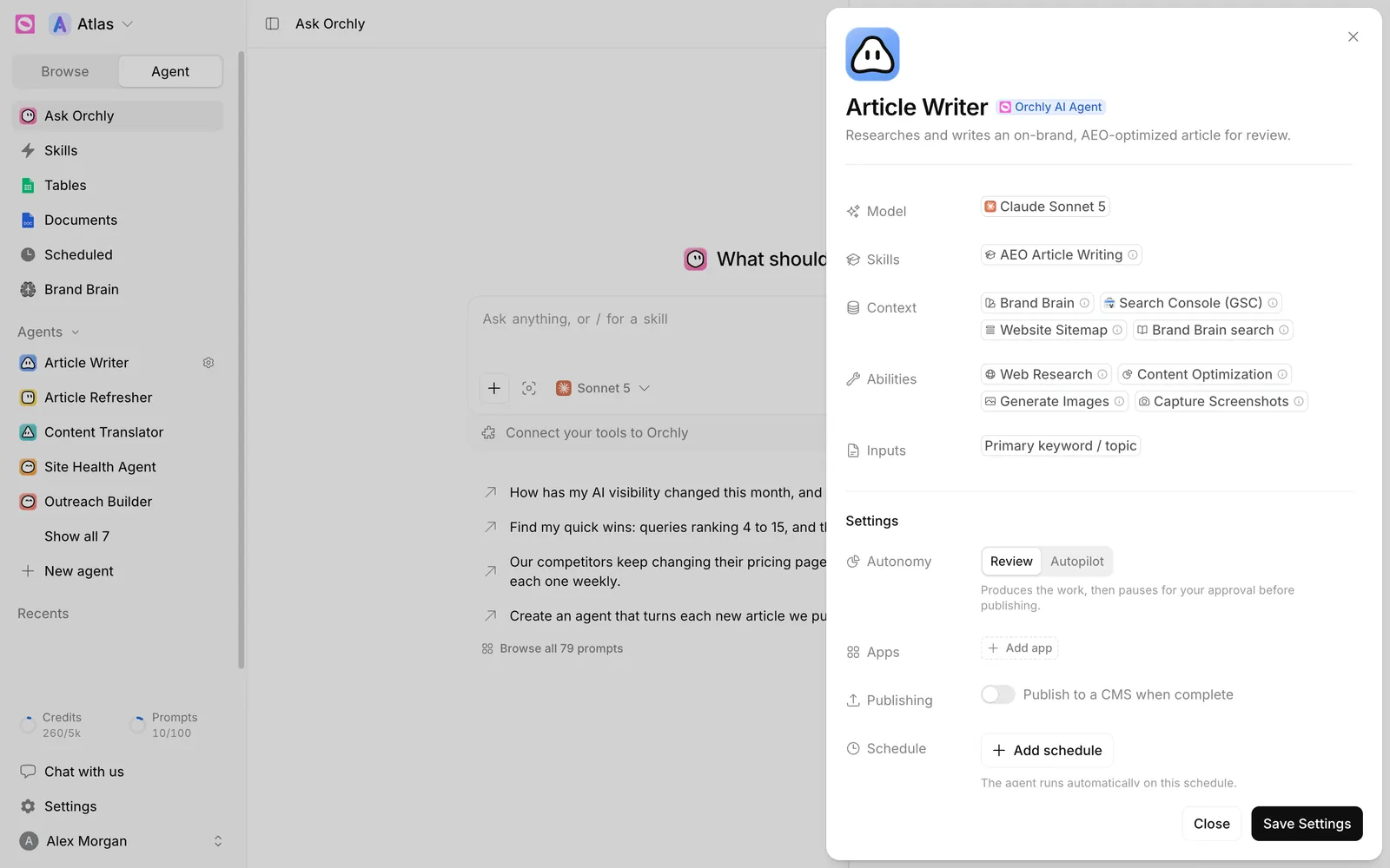 Article Writer agent showing Context tags for Brand Brain, Search Console, Website Sitemap and Brand Brain search, and Abilities tags for Web Research, Content Optimization, Generate Images and Capture Screenshots