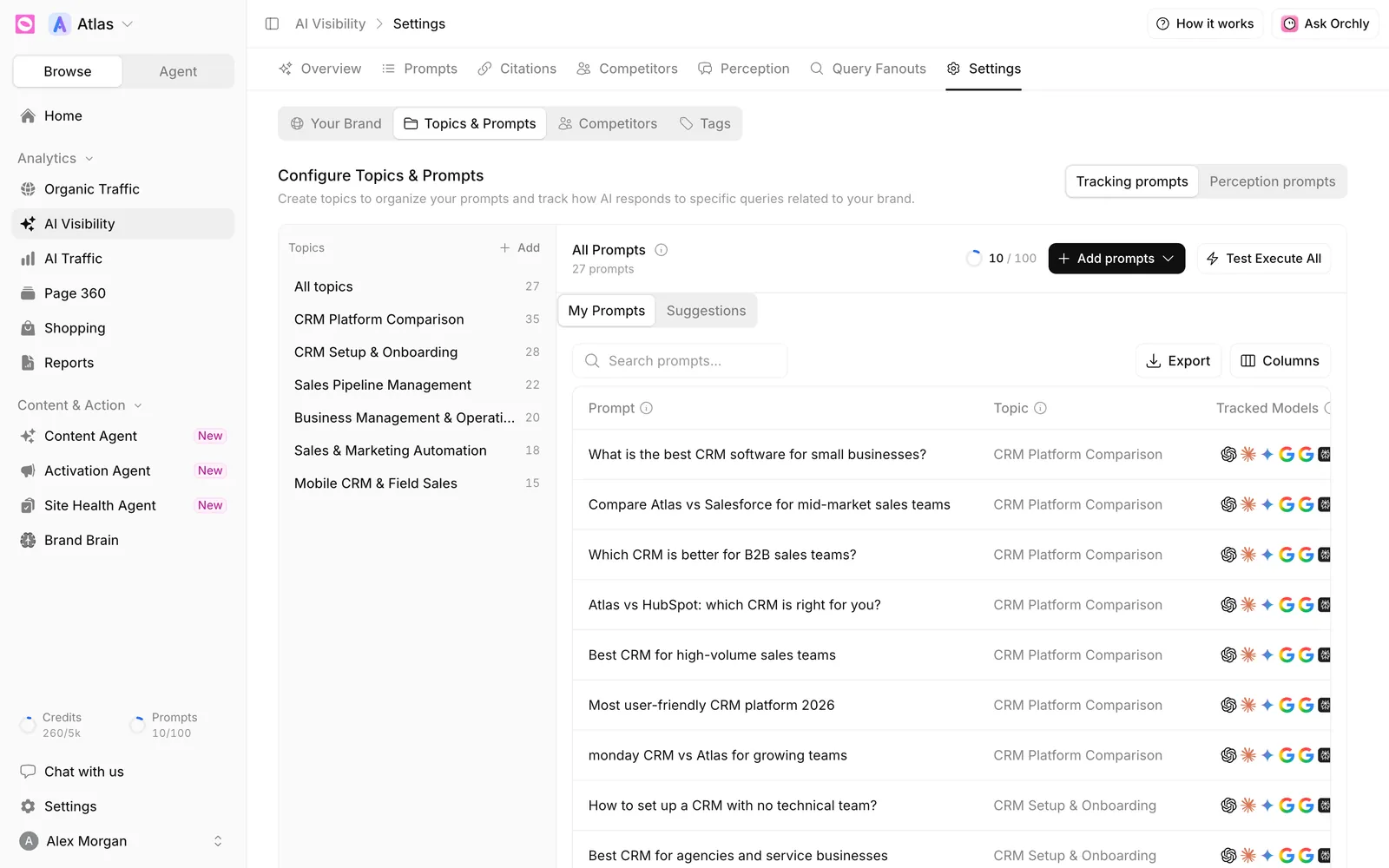 AI Visibility Settings, Topics and Prompts section with a topic list, the prompt limit ring showing 10 of 100, Add prompts and a table of tracked prompts