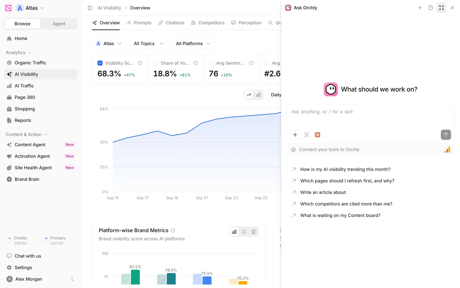 Ask Orchly drawer open on the right of the AI Visibility Overview page