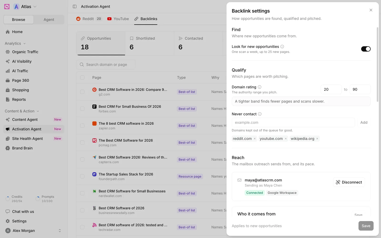 Backlink settings with the Reach section showing a connected Google Workspace inbox, sending as Maya Chen, with a Disconnect button