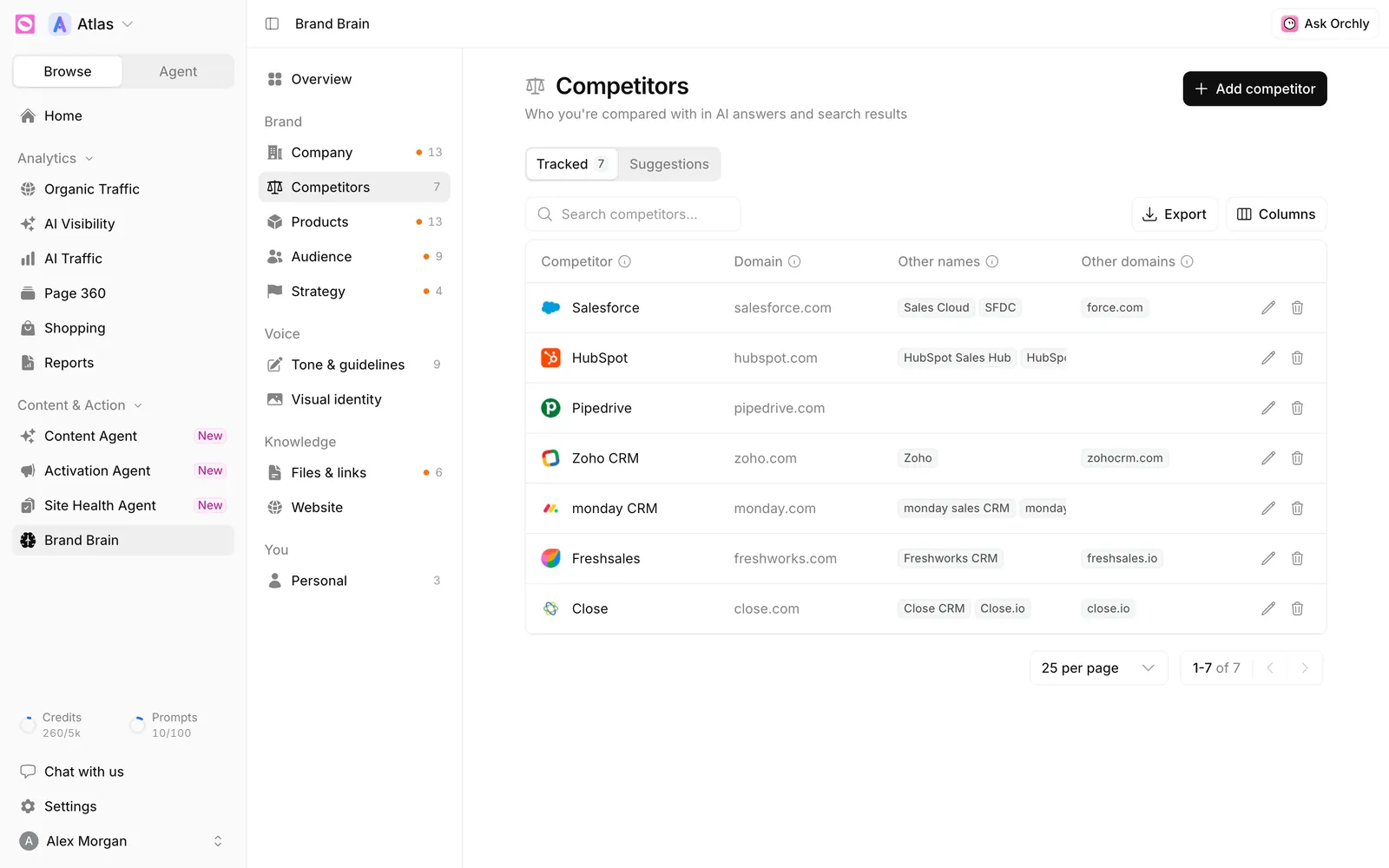 Brand Brain Competitors section showing tracked competitors with their domains, other names and other domains