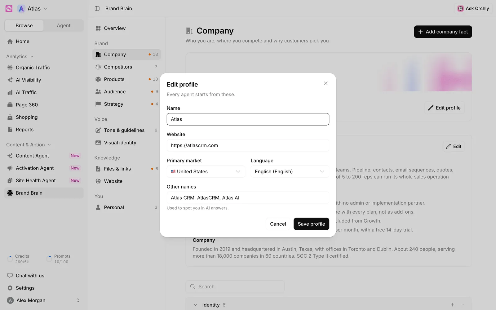 Edit profile dialog in Brand Brain with Name, Website, Primary market, Language and Other names fields
