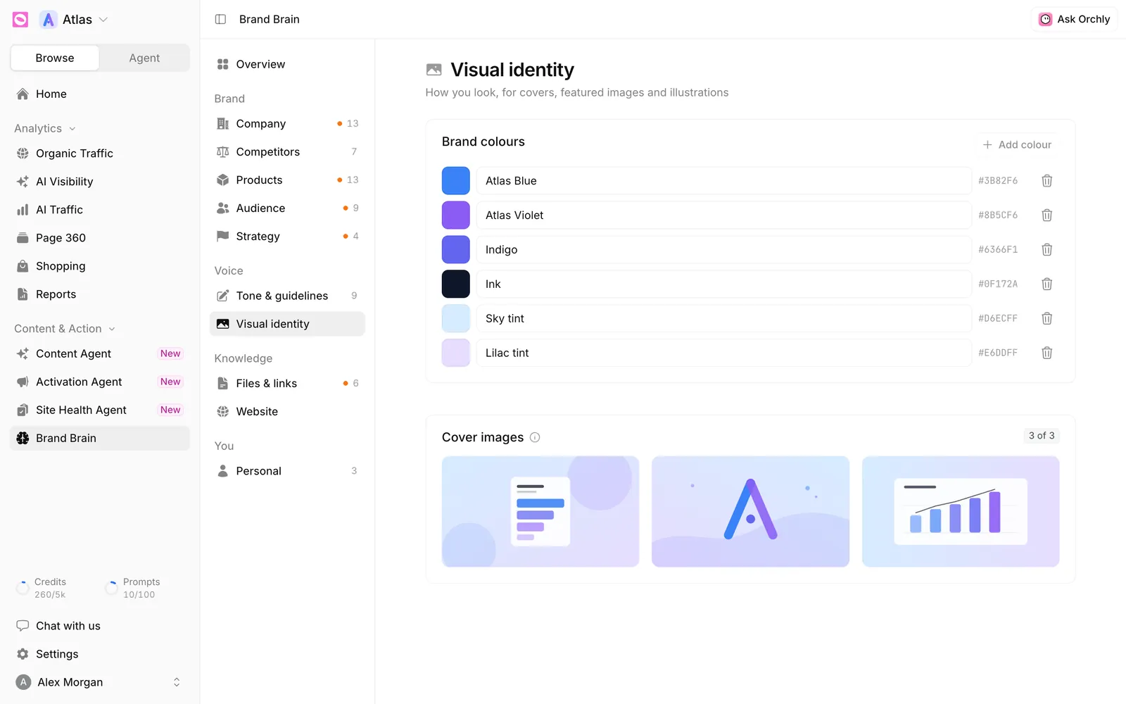 Brand Brain Visual identity section with six named brand colours and their hex codes, and three example cover images