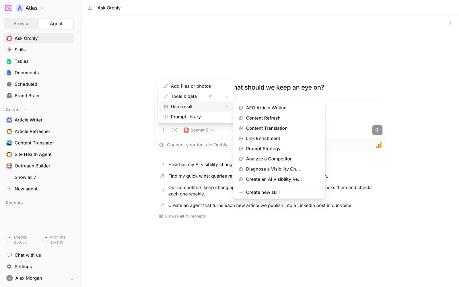 Use a skill submenu in the chat composer listing the built-in skills and Create new skill