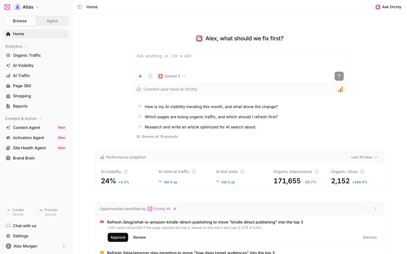 Orchly Home with the Ask Orchly box, Performance snapshot and Opportunities identified by Orchly AI
