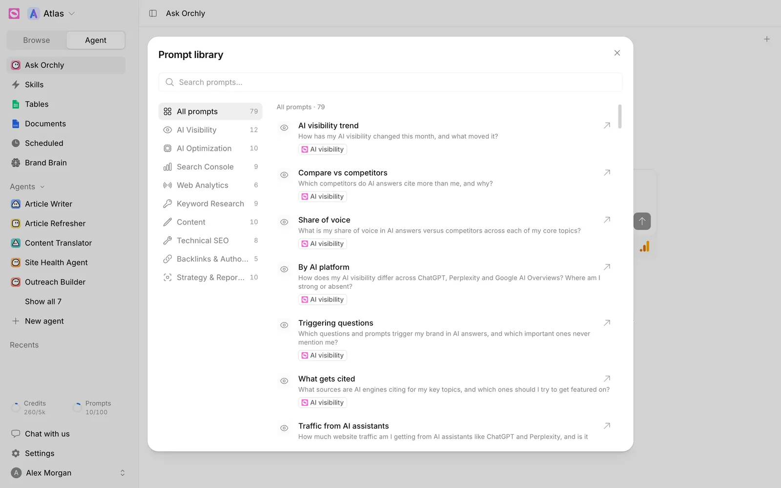 Prompt library dialog with categories on the left and AI visibility prompts on the right