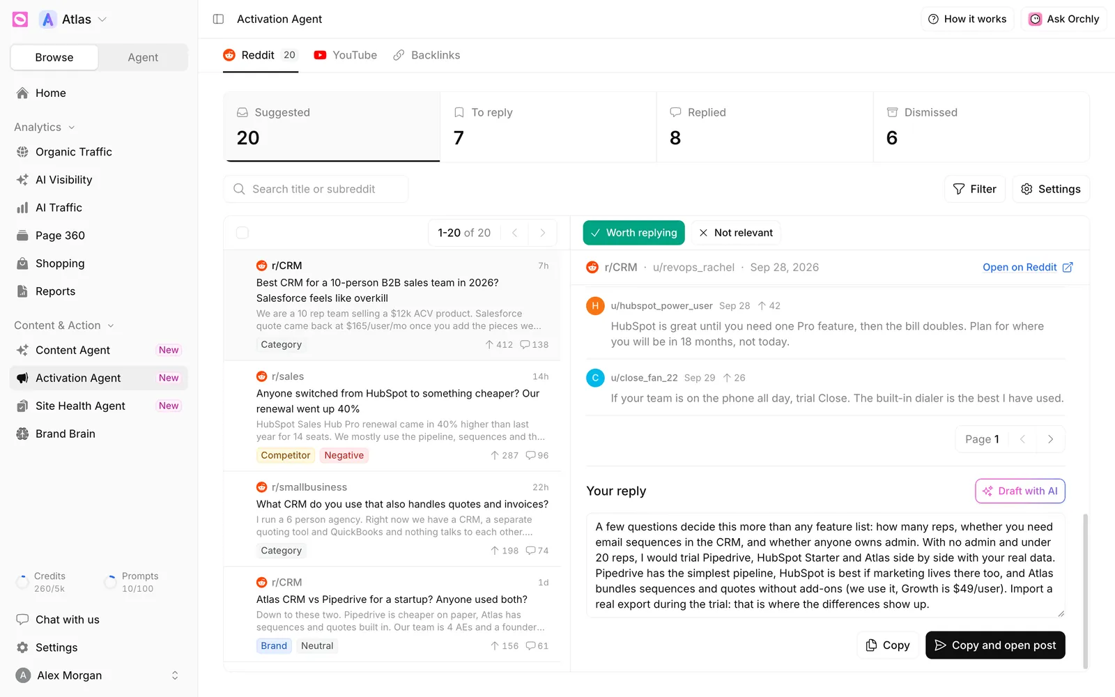 Reddit thread in Orchly with the Your reply box filled by an AI draft, and Copy and Copy and open post buttons