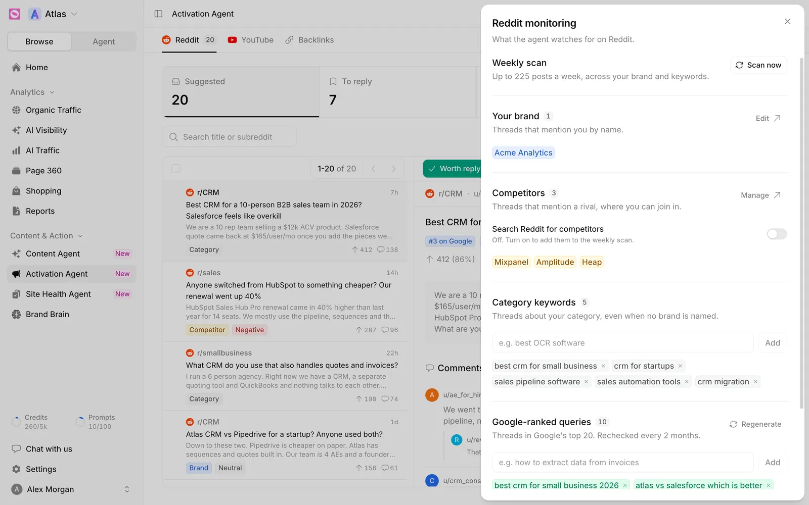 Reddit monitoring sheet with Weekly scan and Scan now, Your brand, Competitors with the Search Reddit for competitors toggle, Category keywords and Google-ranked queries