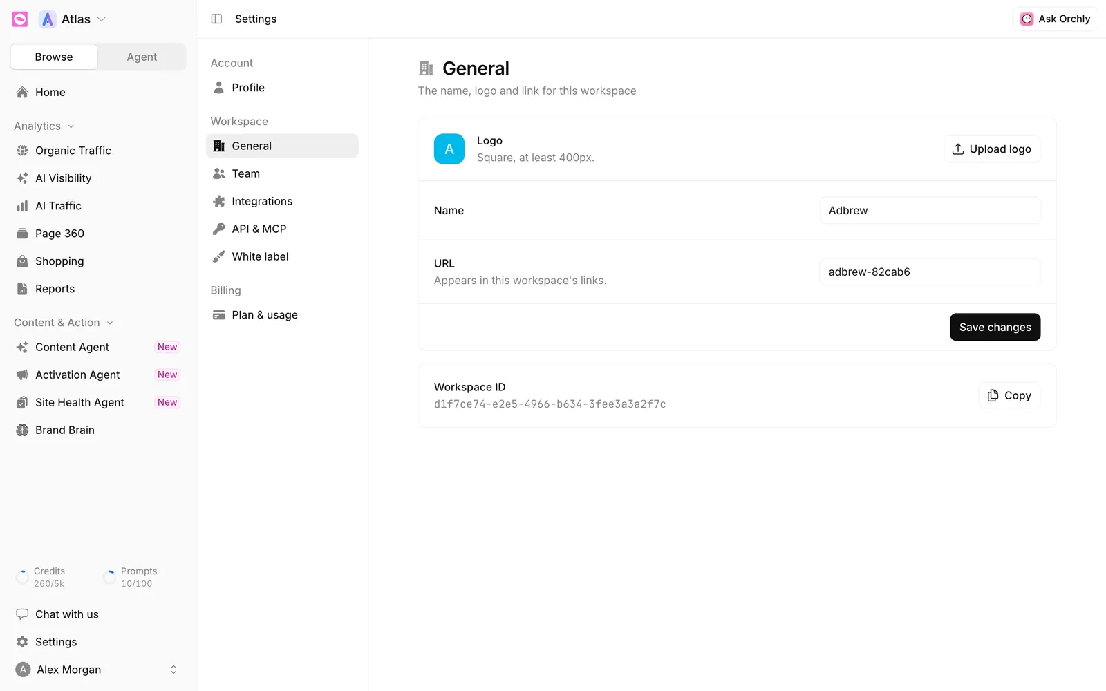 Orchly Settings General page with Logo, Name, URL and Workspace ID