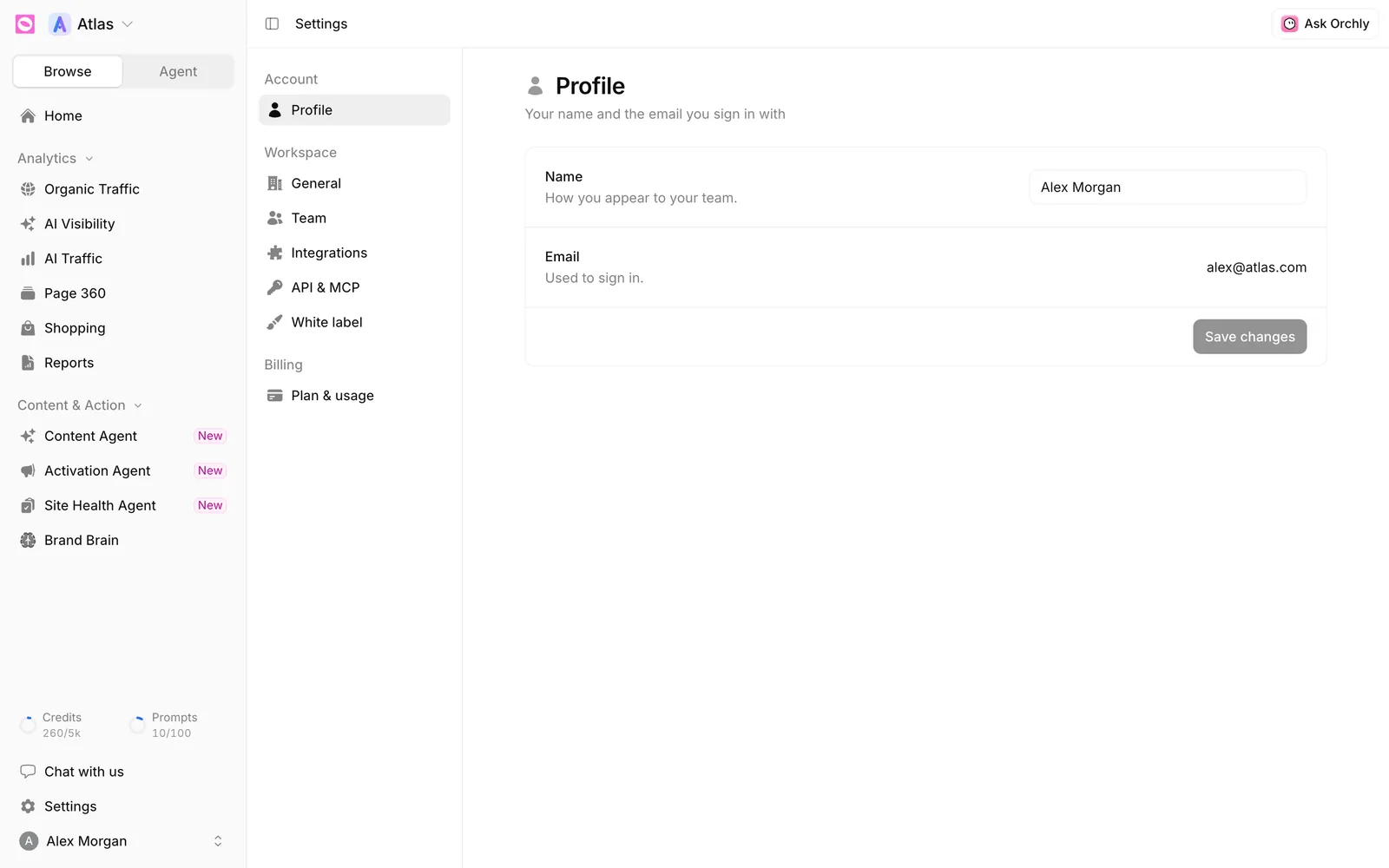Orchly Settings Profile page with Name and Email fields and a Save changes button