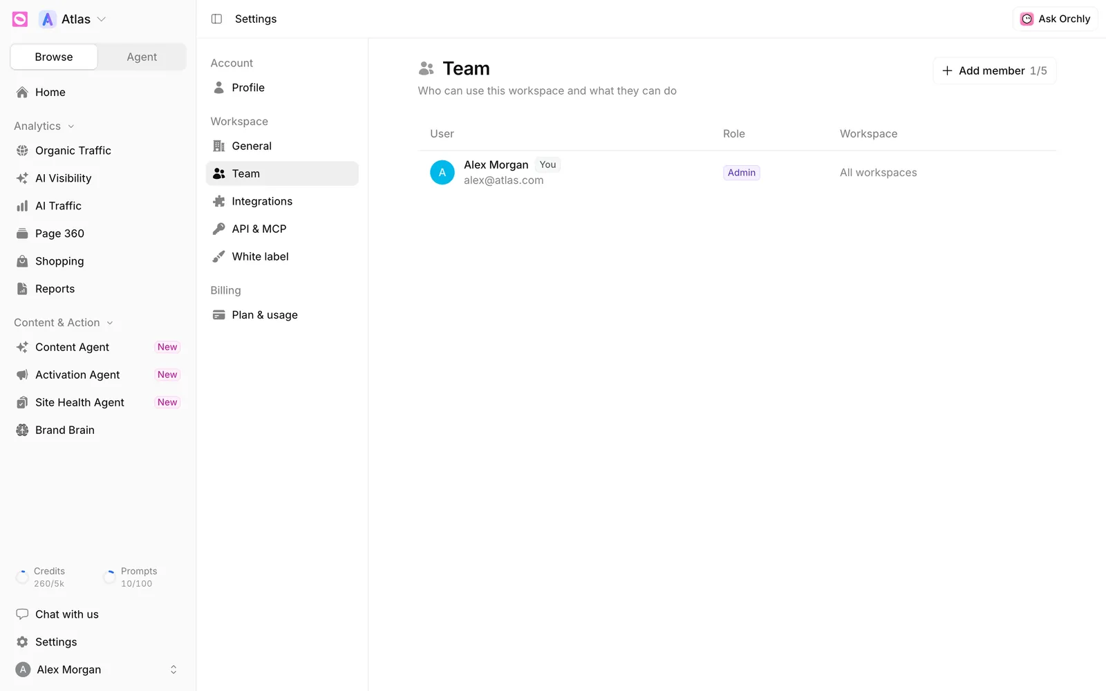 Orchly Settings Team page with the Add member button, seat counter and member list