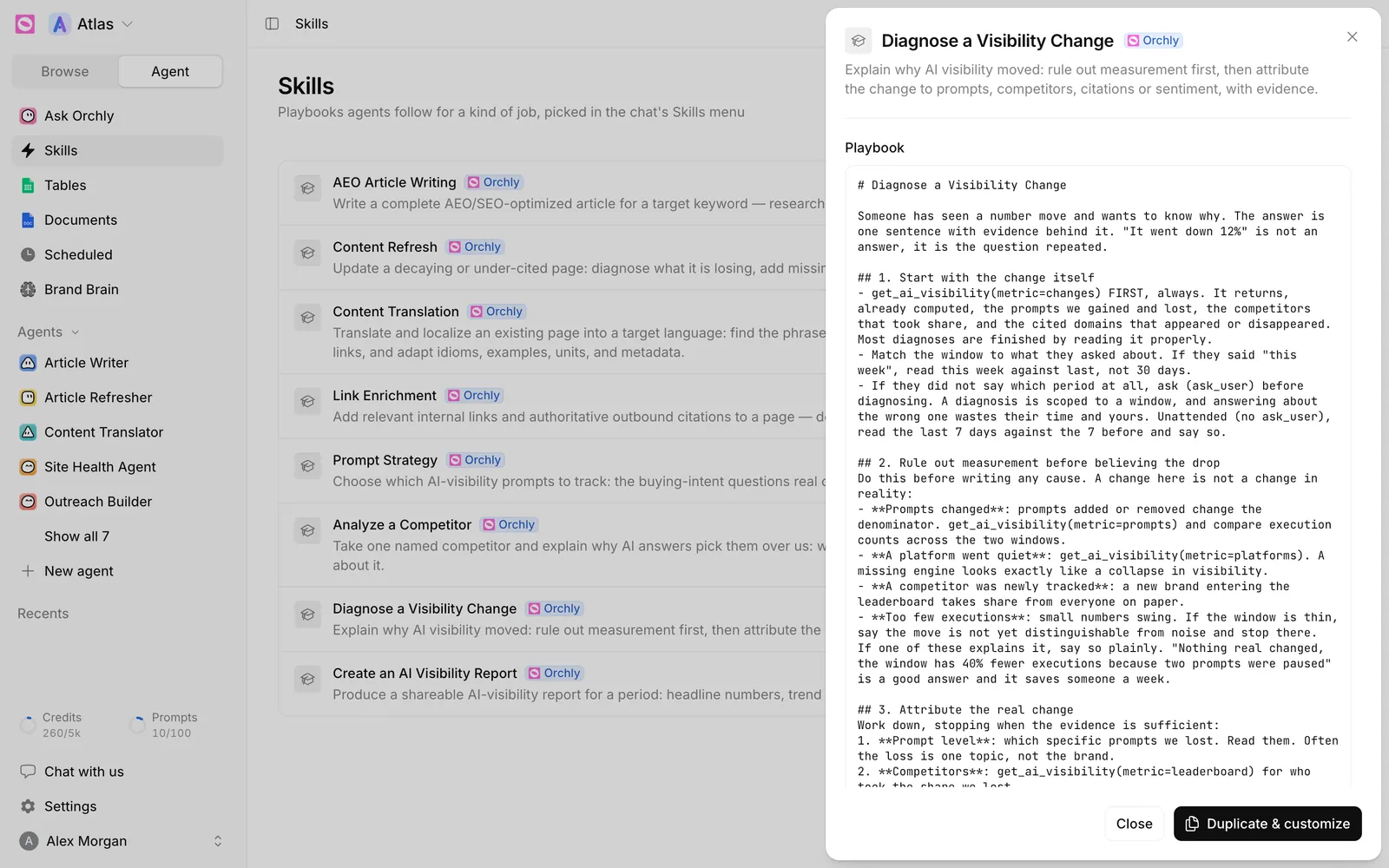 Diagnose a Visibility Change skill open, showing its markdown playbook and a Duplicate and customize button