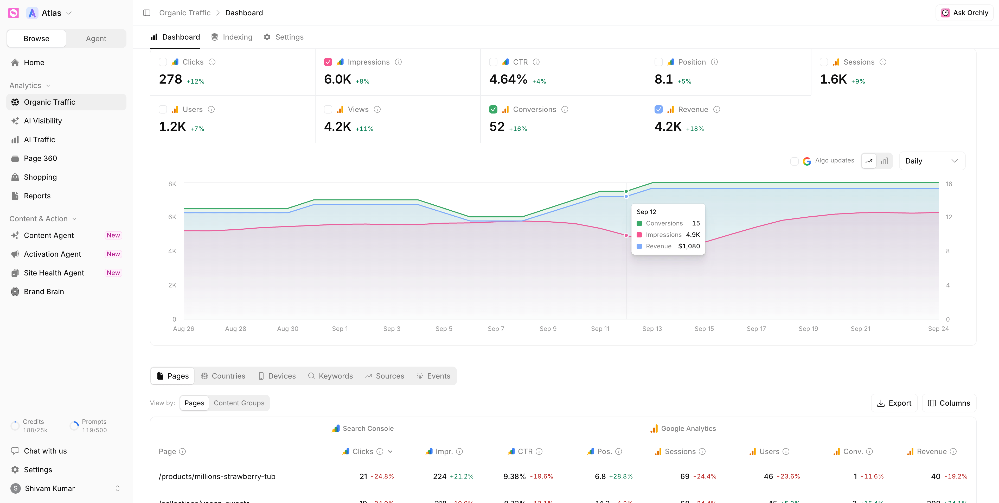 Orchly organic search dashboard a local business uses to track clicks and rankings